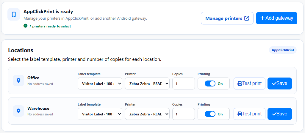 Customer application settings with Manage printers, Add gateway, printer selection and test-print controls